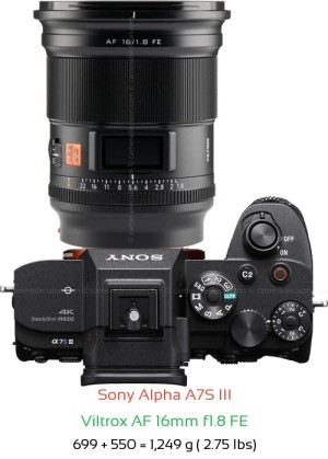 Sony A7S III with Viltrox AF 16mm f1.8 FE Lens Size