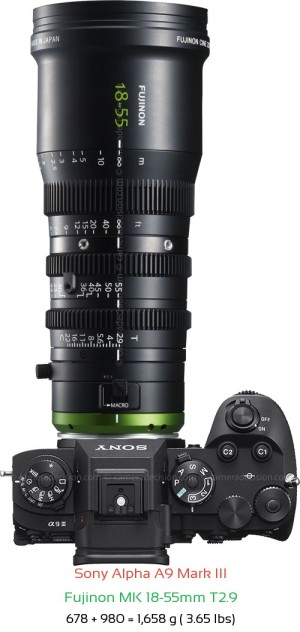 Sony A9 III with Fujinon MK 18-55mm T2.9 Lens Size