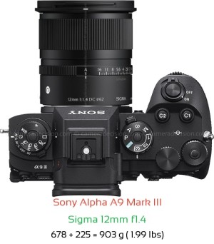 Sony A9 III with Sigma 12mm f1.4 Lens Size