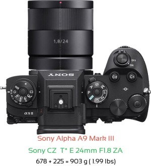 Sony A9 III with Sony CZ  T* E 24mm F1.8 ZA Lens Size