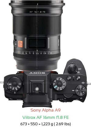 Sony A9 with Viltrox AF 16mm f1.8 FE Lens Size