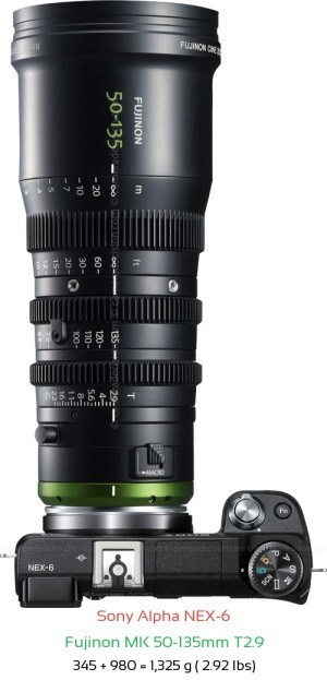 Sony NEX-6 with Fujinon MK 50-135mm T2.9 Lens Size