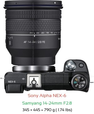Sony NEX-6 with Samyang 14-24mm F2.8 Lens Size
