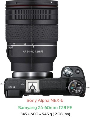 Sony NEX-6 with Samyang 24-60mm f2.8 FE Lens Size