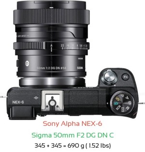Sony NEX-6 with Sigma 50mm F2 C Lens Size