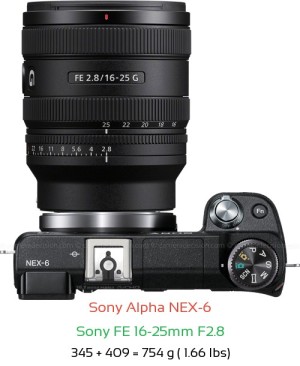 Sony NEX-6 with Sony FE 16-25mm F2.8 Lens Size