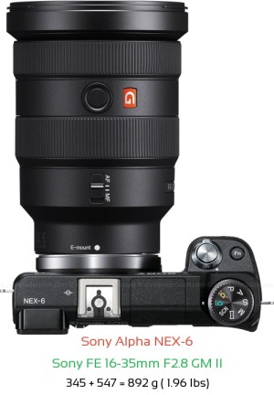 Sony NEX-6 with Sony FE 16-35mm F2.8 GM II Lens Size