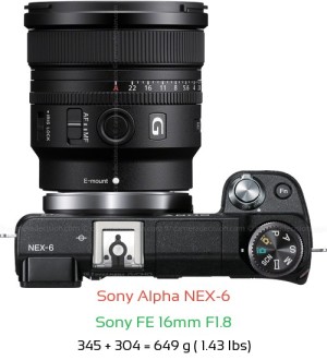 Sony NEX-6 with Sony FE 16mm F1.8 Lens Size