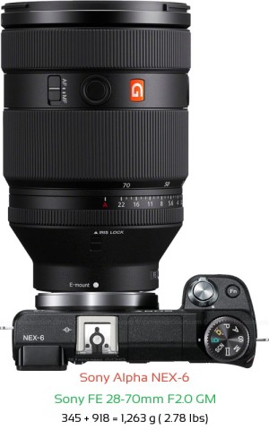 Sony NEX-6 with Sony FE 28-70mm F2.0 GM Lens Size