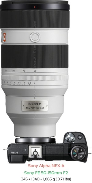 Sony NEX-6 with Sony FE 50-150mm F2 Lens Size