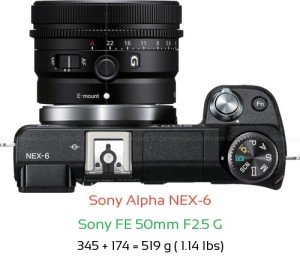 Sony NEX-6 with Sony FE 50mm F2.5 G Lens Size