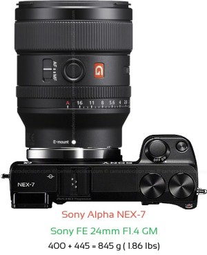 Sony NEX-7 with Sony FE 24mm F1.4 GM Lens Size