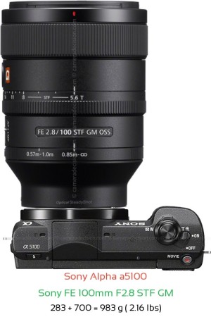 Sony a5100 with Sony FE 100mm F2.8 STF GM Lens Size