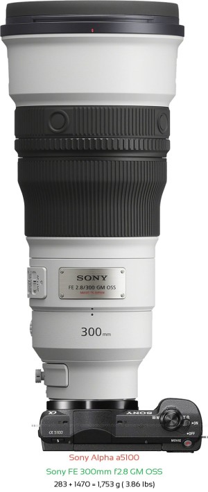 Sony a5100 with Sony FE 300mm f2.8 GM Lens Size