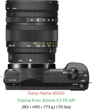 Sony a5100 with Tokina Firin 20mm F2 FE MF Lens Size