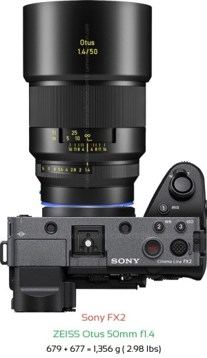 Sony FX2 with Zeiss Otus 50mm f1.4 Lens Size