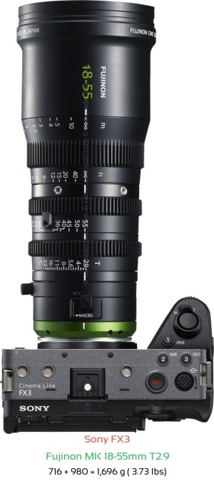 Sony FX3 with Fujinon MK 18-55mm T2.9 Lens Size