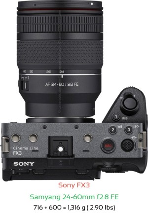 Sony FX3 with Samyang 24-60mm f2.8 FE Lens Size