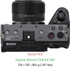 Sony FX3 with Sigma 30mm F2.8 EX DN Lens Size
