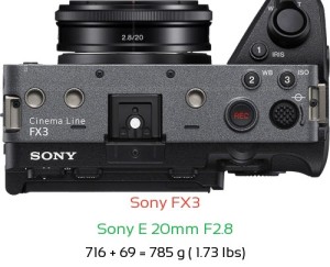 Sony FX3 with Sony E 20mm F2.8 Lens Size