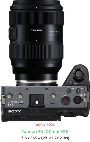 Sony FX3 with Tamron 35-100mm F2.8 Lens Size