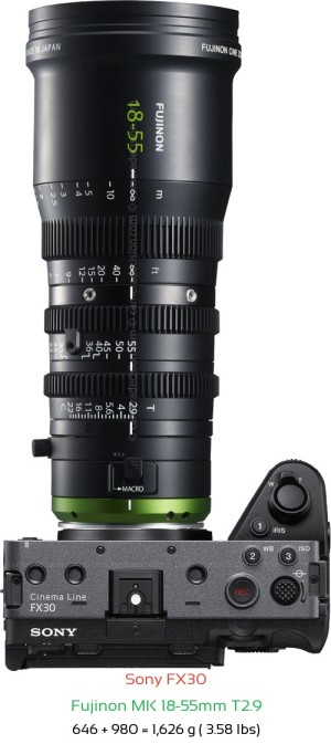 Sony FX30 with Fujinon MK 18-55mm T2.9 Lens Size