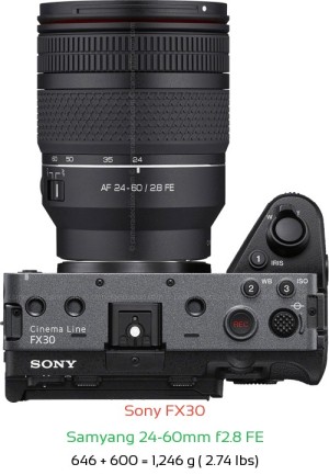Sony FX30 with Samyang 24-60mm f2.8 FE Lens Size