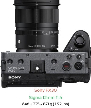 Sony FX30 with Sigma 12mm f1.4 Lens Size