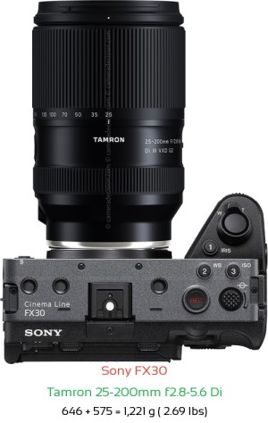 Sony FX30 with Tamron 25-200mm f2.8-5.6 Di Lens Size