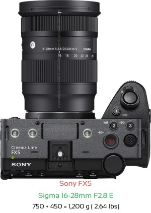 Sony FX5 with Sigma 16-28mm F2.8 E Lens Size