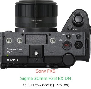Sony FX5 with Sigma 30mm F2.8 EX DN Lens Size