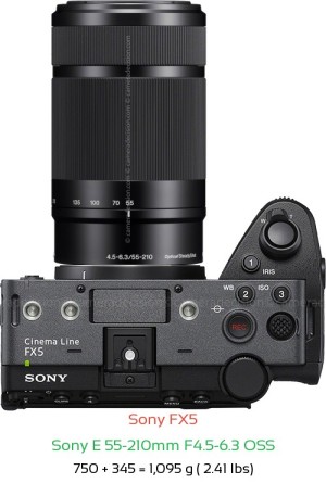 Sony FX5 with Sony E 55-210mm F4.5-6.3 OSS Lens Size