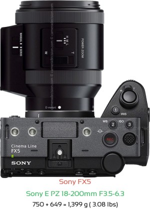 Sony FX5 with Sony E PZ 18-200mm F3.5-6.3 Lens Size