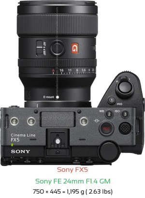 Sony FX5 with Sony FE 24mm F1.4 GM Lens Size