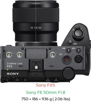 Sony FX5 with Sony FE 50mm F1.8 Lens Size