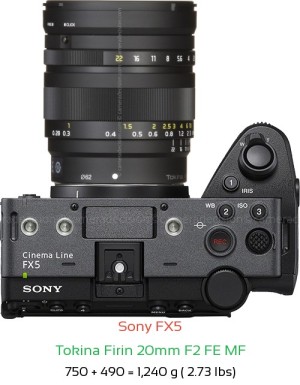 Sony FX5 with Tokina Firin 20mm F2 FE MF Lens Size