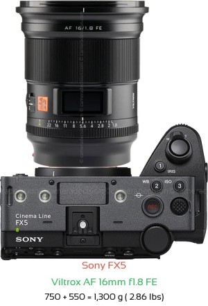 Sony FX5 with Viltrox AF 16mm f1.8 FE Lens Size