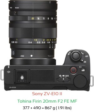 Sony ZV-E10 II with Tokina Firin 20mm F2 FE MF Lens Size