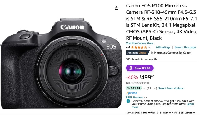 Canon EOS R100 with 18-45mm and 55-210mm for only $499