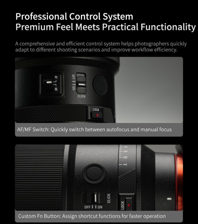 Meike AF 85mm f1.4 II has various physical controls on the body