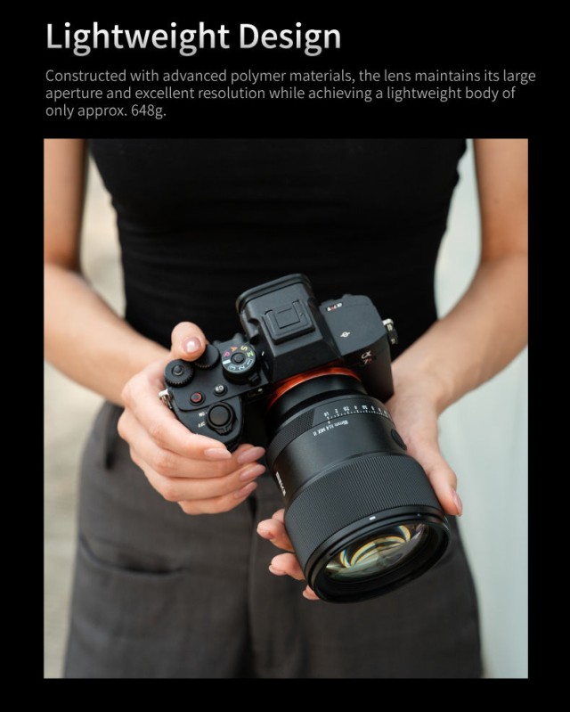 Meike AF 85mm f1.4 II in hand with a camera