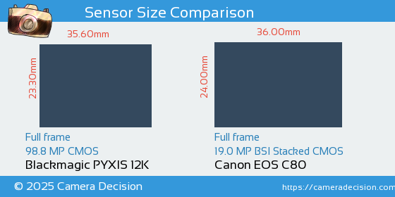 Blackmagic PYXIS 12K vs Canon EOS C80 Sensor Size Comparison