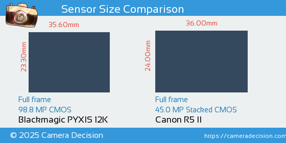 Blackmagic PYXIS 12K vs Canon R5 II Sensor Size Comparison
