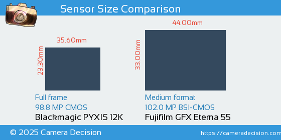 Blackmagic PYXIS 12K vs Fujifilm GFX Eterna 55 Sensor Size Comparison