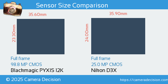 Blackmagic PYXIS 12K vs Nikon D3X Sensor Size Comparison