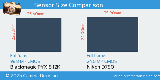 Blackmagic PYXIS 12K vs Nikon D750 Sensor Size Comparison