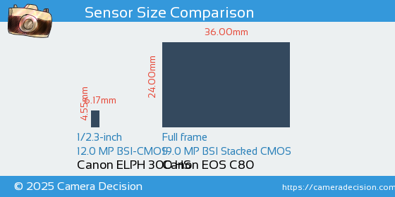 Canon ELPH 300 HS vs Canon EOS C80 Sensor Size Comparison