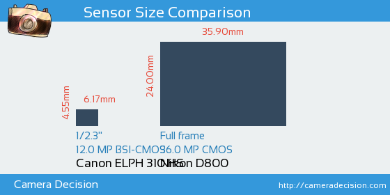 Canon ELPH 310 HS vs Nikon D800 Sensor Size Comparison