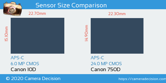 Canon 10D vs Canon 750D Sensor Size Comparison