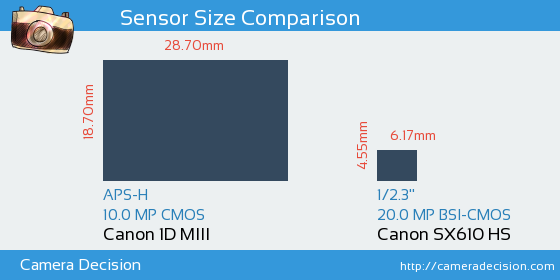 Canon 1D MIII vs Canon SX610 HS Sensor Size Comparison